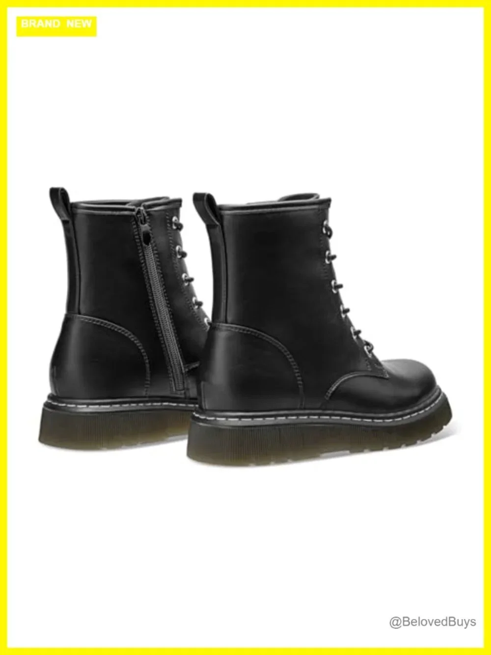 Faux Leather Lace-Up Ankle Boots with Side Zipper, Low Platform Heel, Waterproof